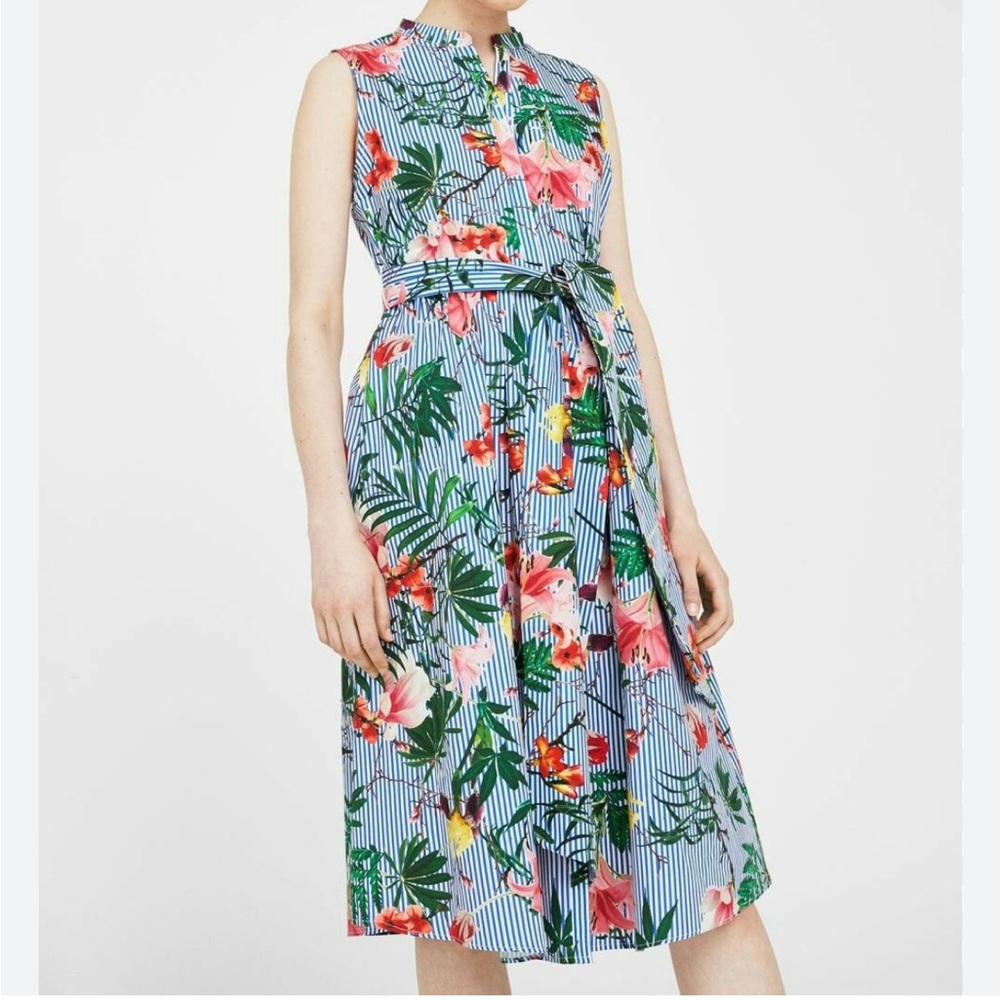 Mango Casual tropical print and stripe midi dress size 2